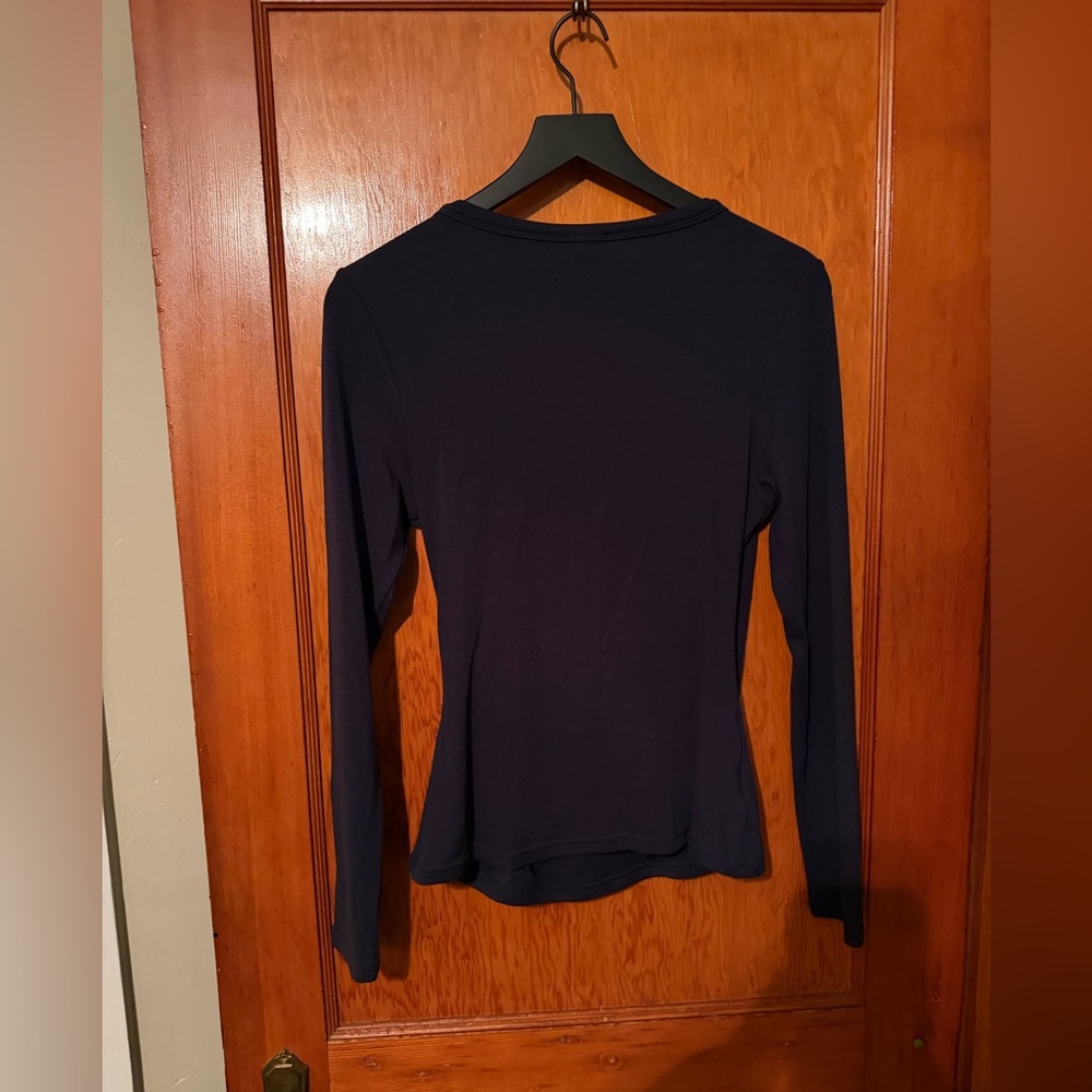 OGL Navy Lyocell Wool Surplice Ruched Long Sleeve Top Size Large NWT - Picture 7 of 8